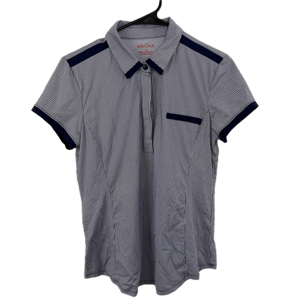 Kinona Polo Womens Medium Navy Blue White Striped Golf Top Short Sleeve
